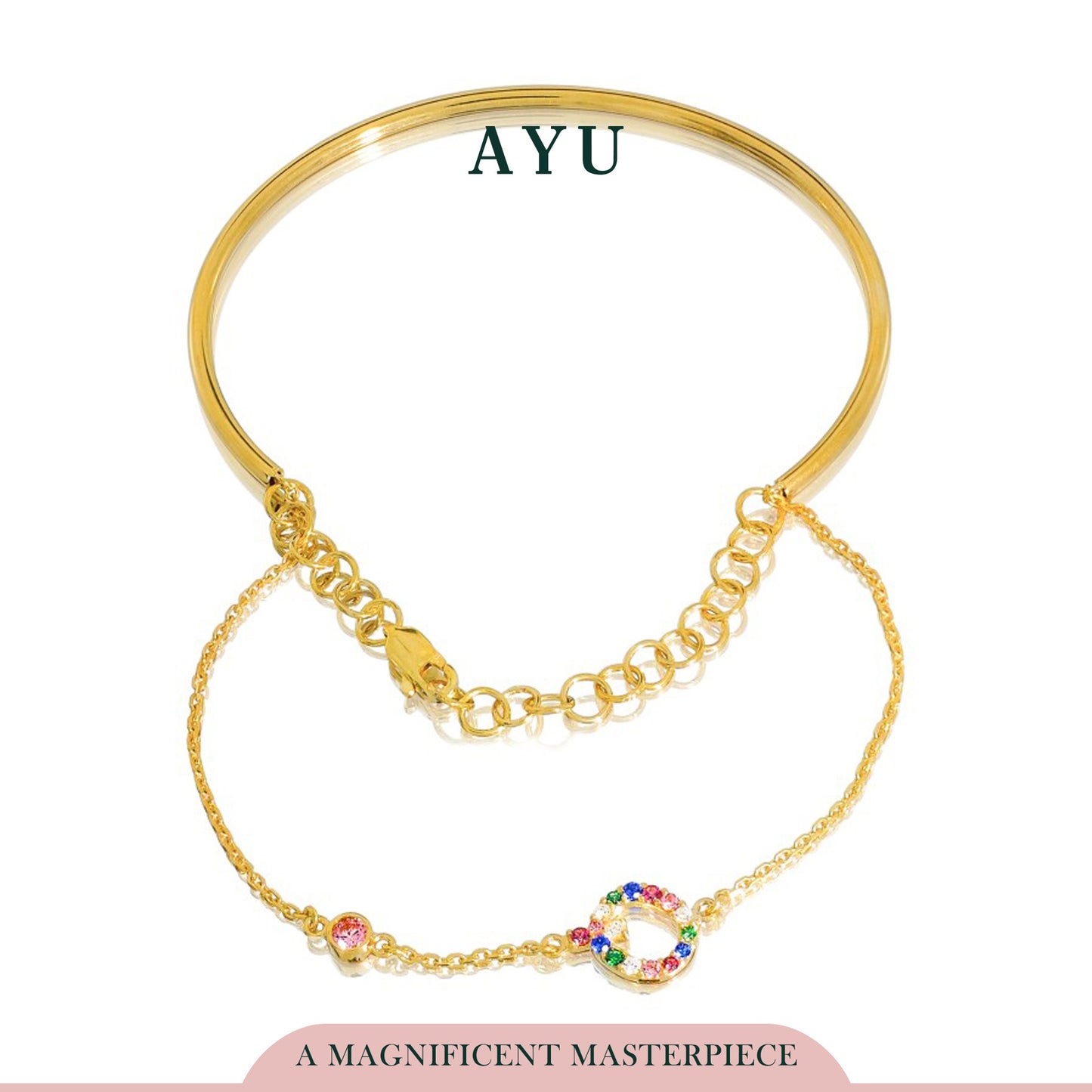 AYU Gelang Emas - Duo Initial Bangle Rainbow Pink Bezel Stone 16K Yellow Gold