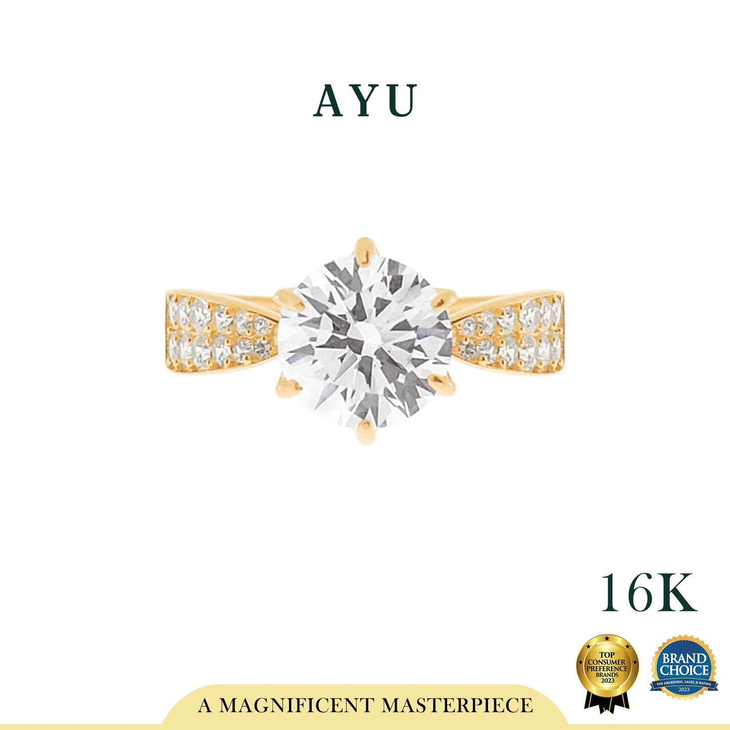 AYU Cincin Emas - Glam Gigi 6 Prong Pave Band Solitaire 16K Yellow Gold