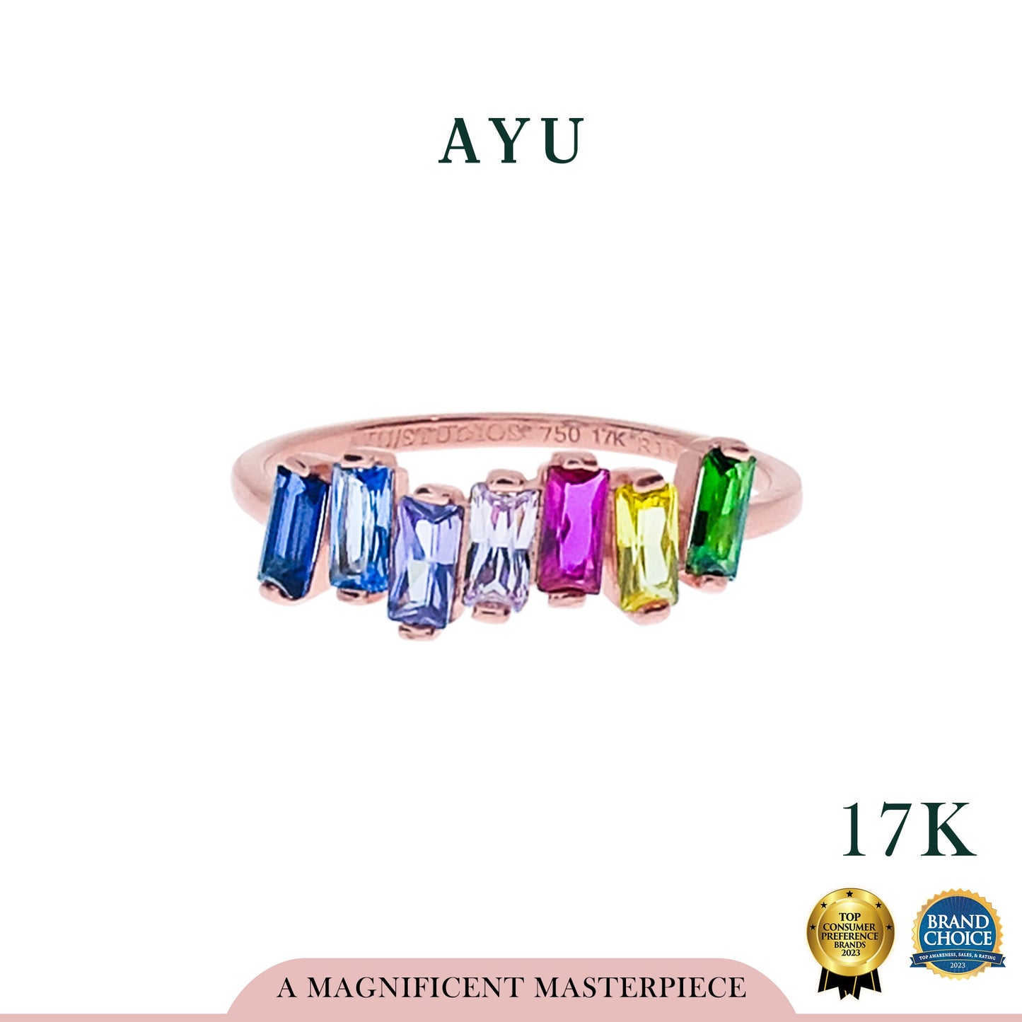 AYU 7 Zigzag Baguette Ring 17k Rose Gold