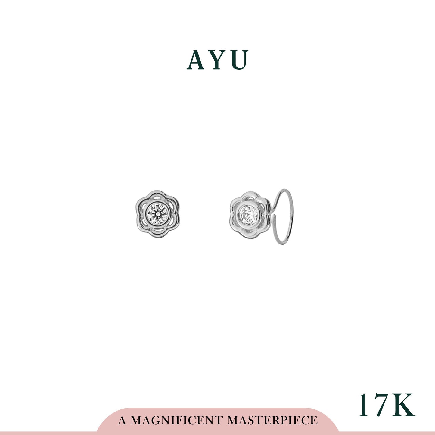 AYU Anting Emas - Flower Bezel Round Loop 17K White Gold