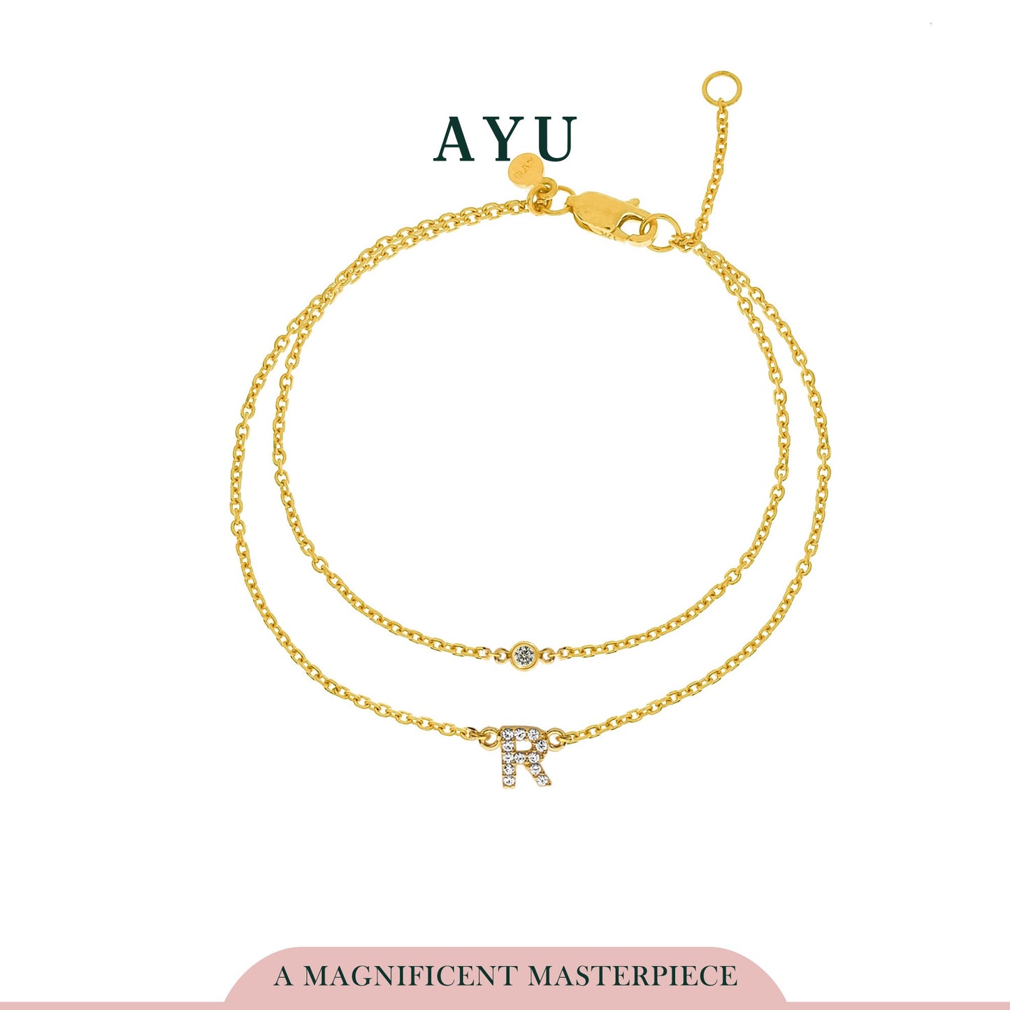 AYU Pave Initial Double Layer With Bezel Chain Bracelet 16K Yellow Gold