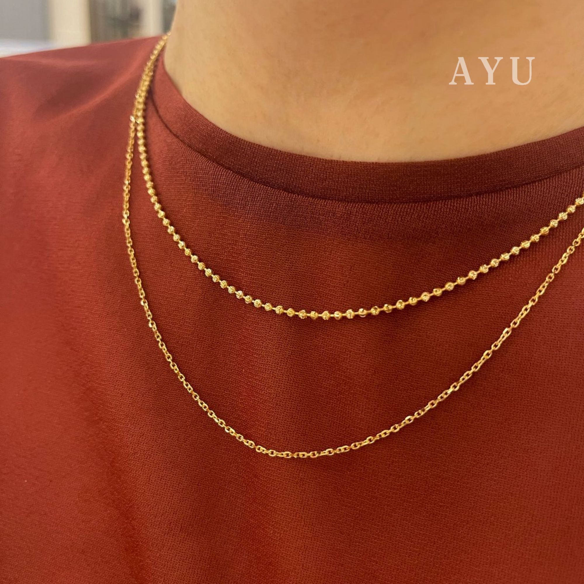 AYU Kalung Emas - Double Layer Pepper Beads And Trixie Chain Necklace 17k Rose Gold