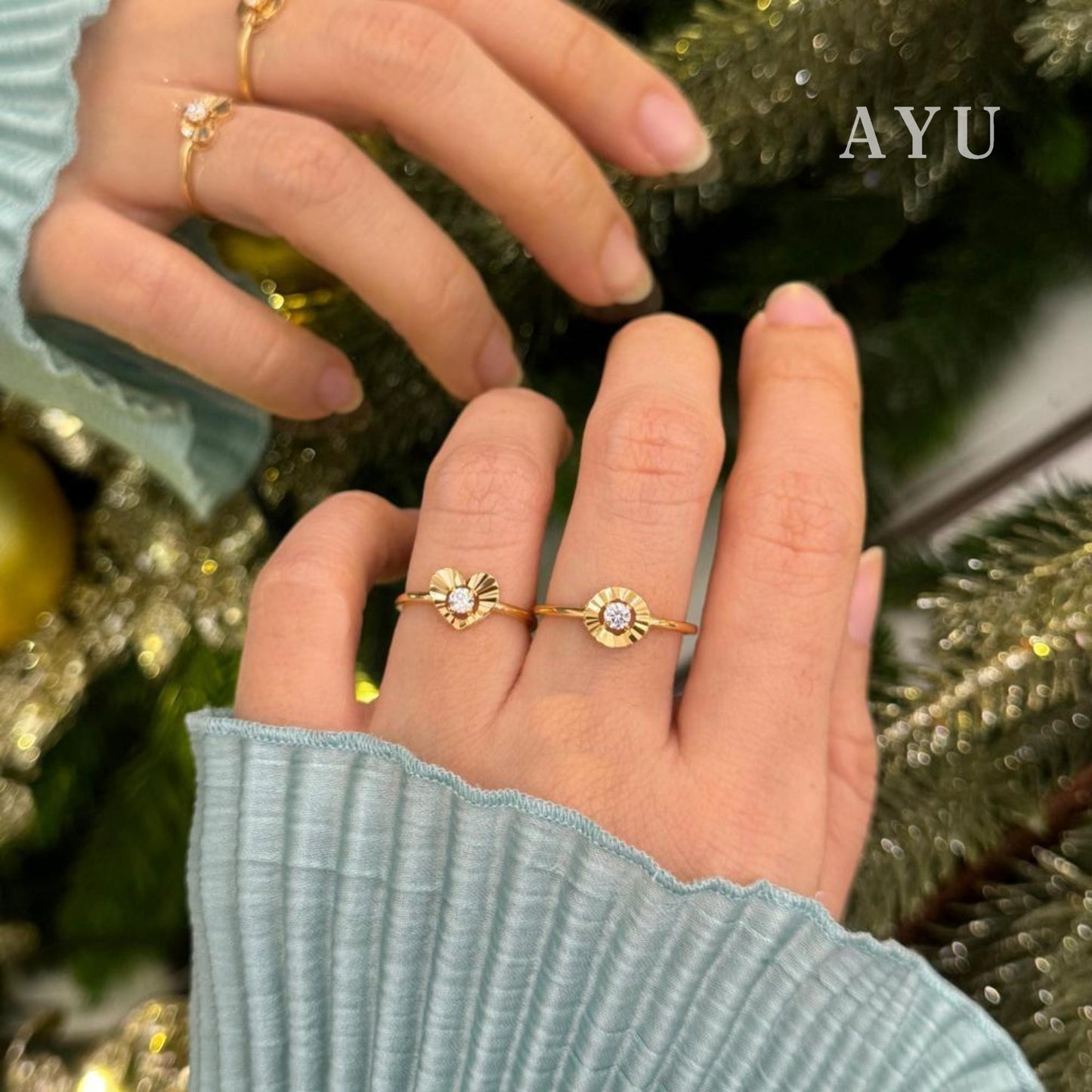 AYU Cincin Emas - Mini Round Solitaire Heart Halo Bling Ring 8K Yellow Gold