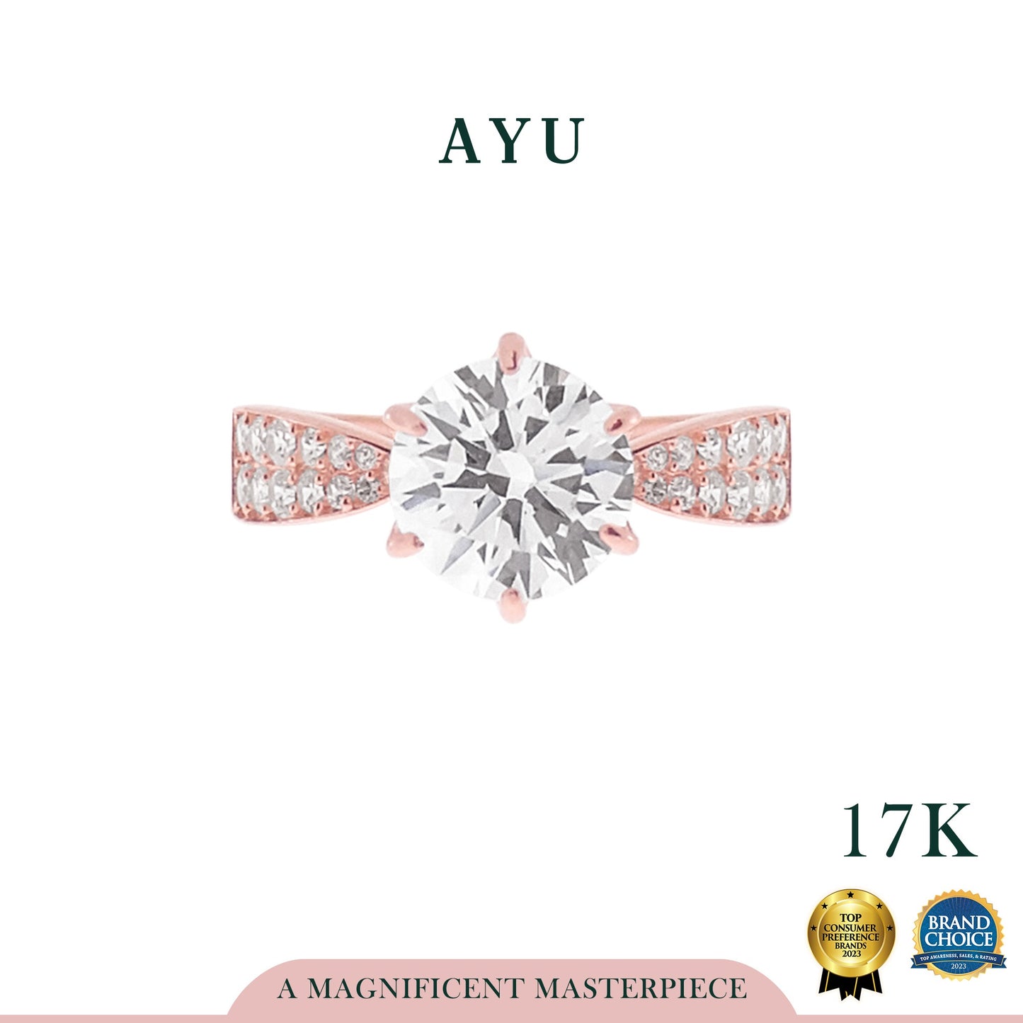 AYU Cincin Emas - Glam Gigi 6 Prong Pave Band Solitaire 17K Rose Gold