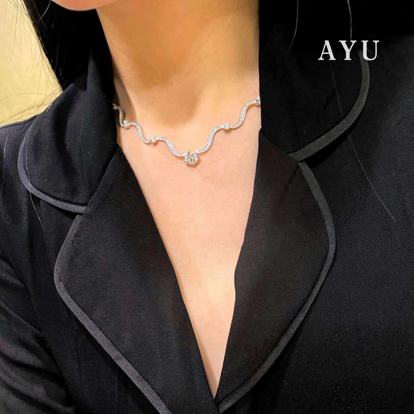 AYU Pave Wave With Round Solitaire Eternity Necklace 17k White Gold