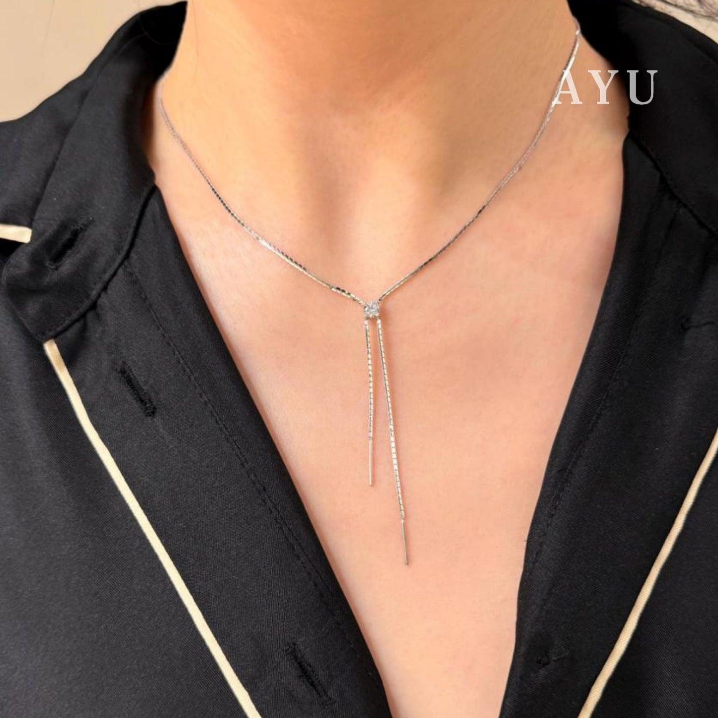 AYU Kalung Emas-Solitaire Box Chain Lariat Necklace 17k White Gold
