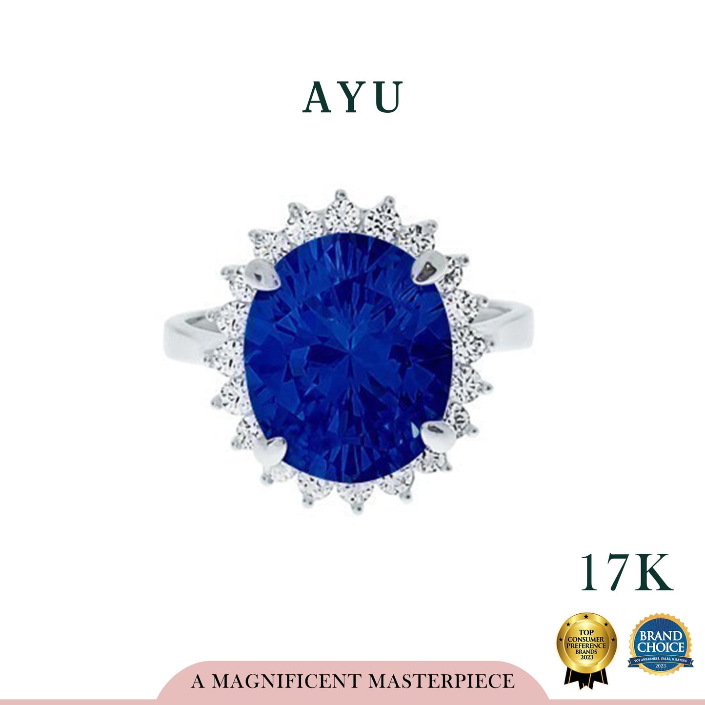 AYU Cincin Emas - Oval Glam Royalty Setting Ring Royal Blue 17k White Gold