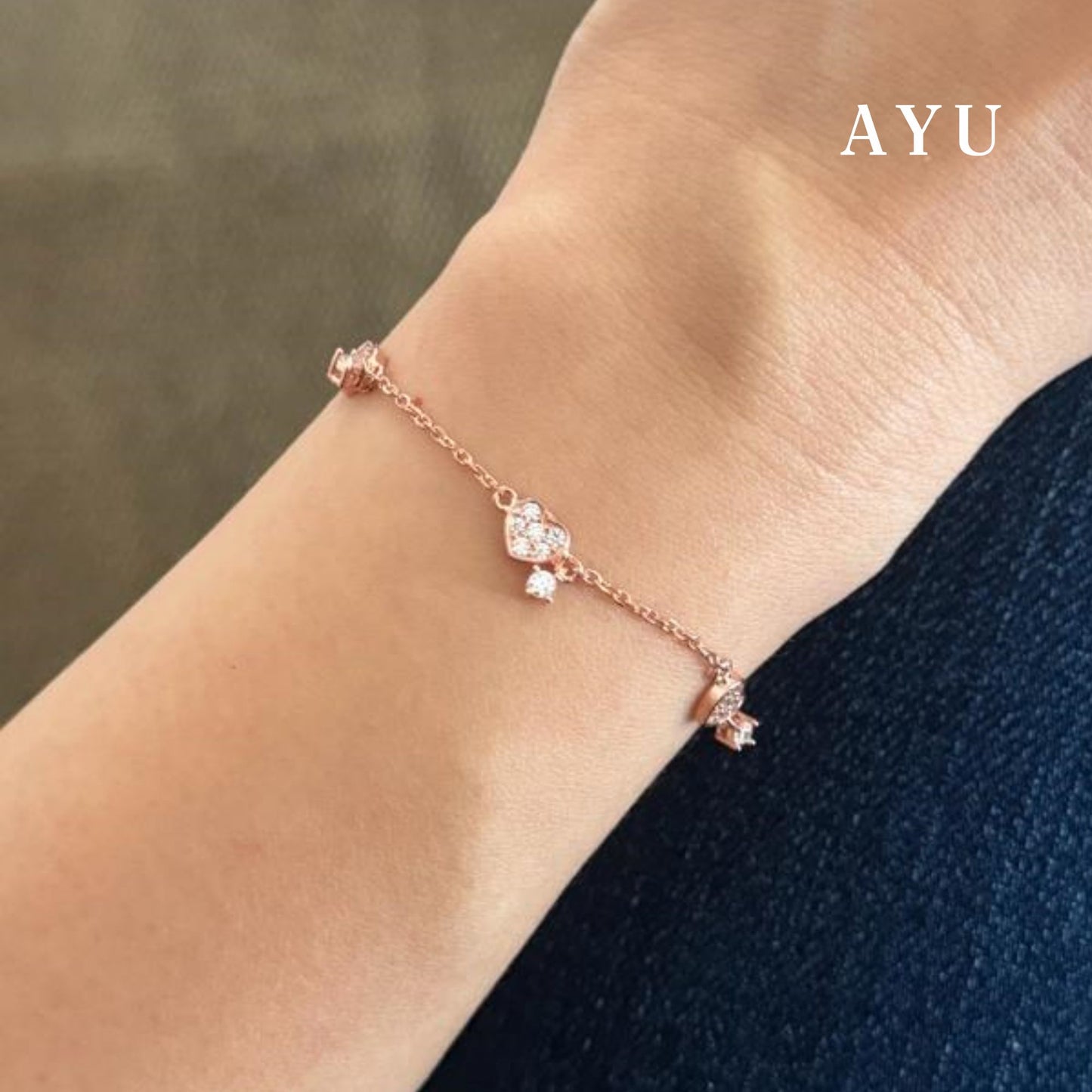 AYU Gelang Emas-AYU 3 Pave Hearts Bracelet 17K Rose Gold