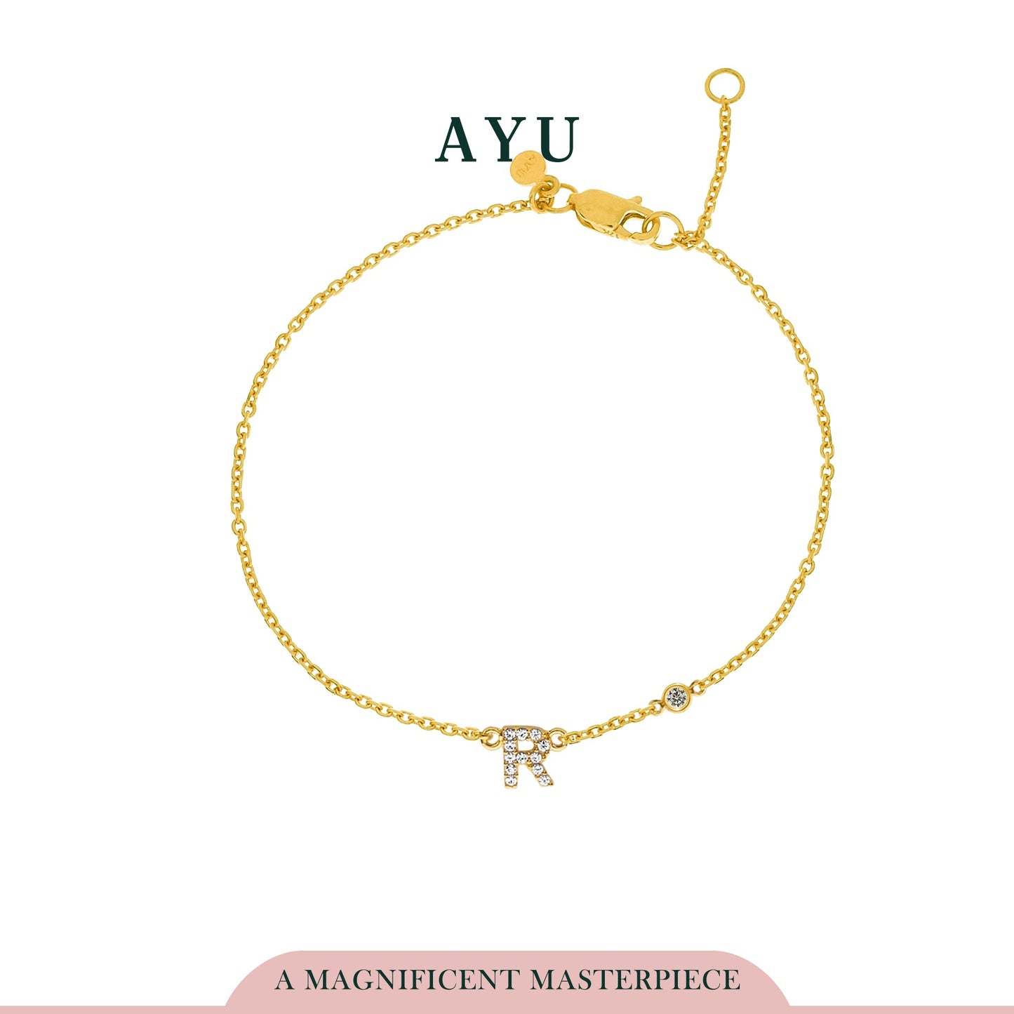 AYU PAVE INITIAL WITH BEZEL CHAIN BRACELET 16K YELLOW GOLD