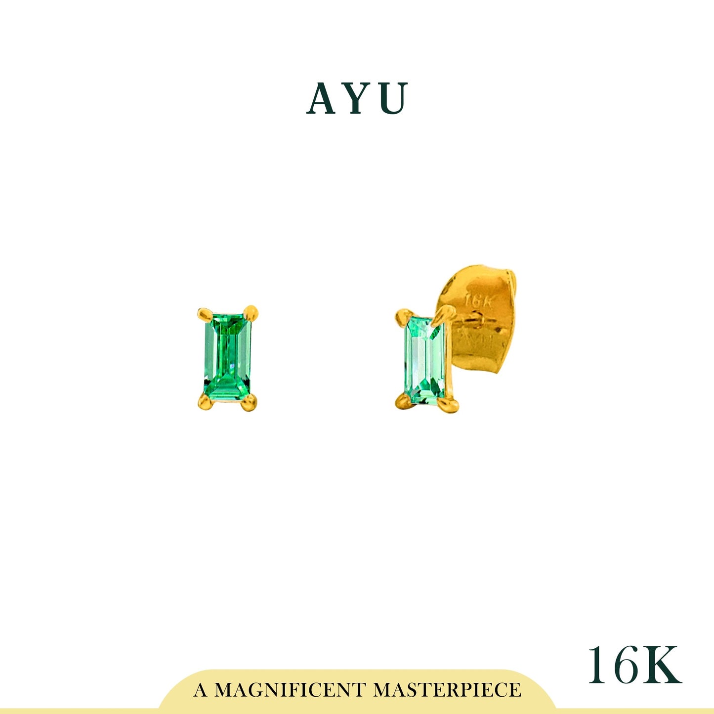 AYU Anting Emas - Baguette 4 Prong Studs 16K Yellow Gold