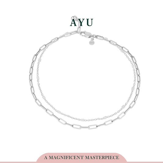 AYU Gelang Emas - Double Layer Medium Paper Clip And Bling Beads Bracelet 17k White Gold