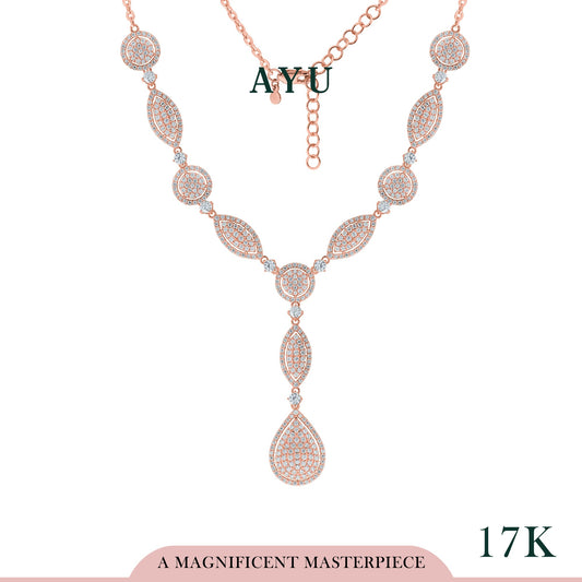 AYU Multi Shape Teardrop Halo Lariat Half Eternity Necklace 17k Rose Gold