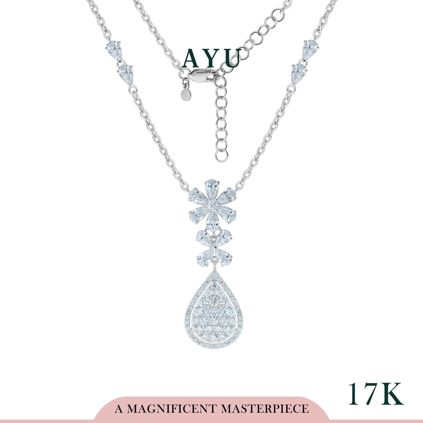 AYU Flower Bloom Pave Teardrop Chain Necklace 17k White Gold