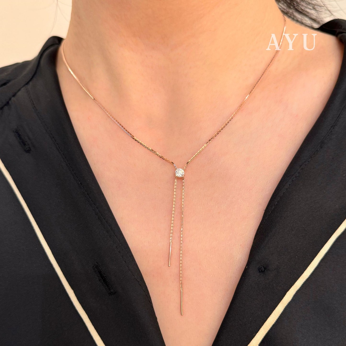 AYU Kalung Emas-Solitaire Box Chain Lariat Necklace 17k Rose Gold