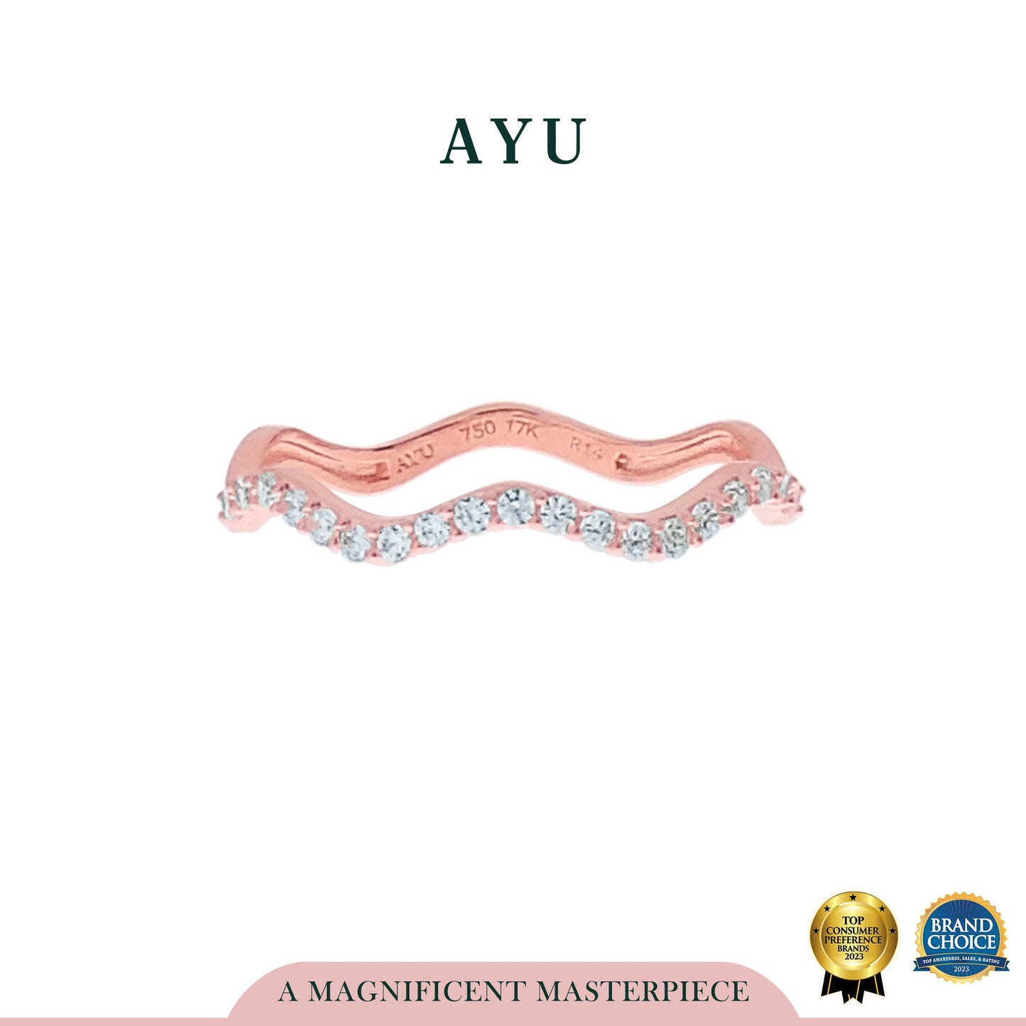 AYU Cincin Emas-Pave Wave Ring 17k Rose Gold