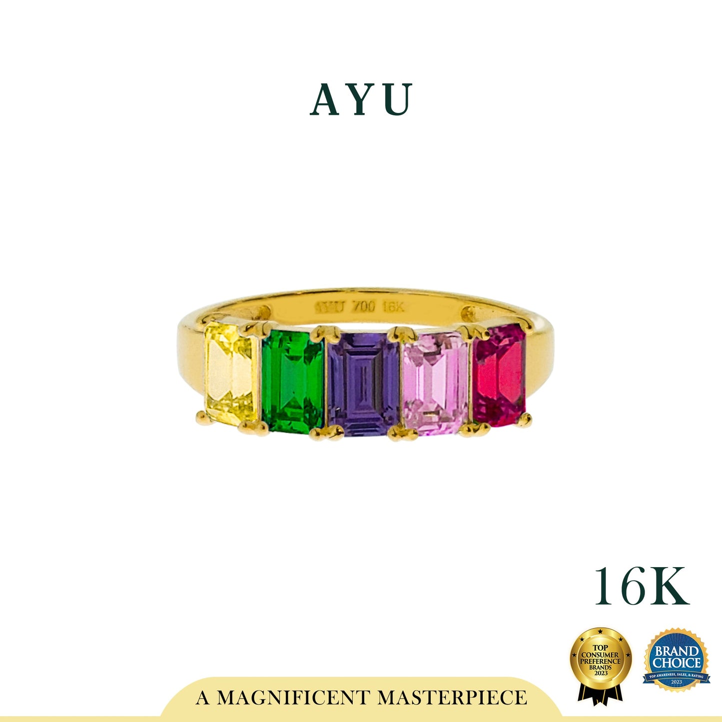 AYU Emerald Half Band Eternity Ring Rainbow 16k Yellow Gold