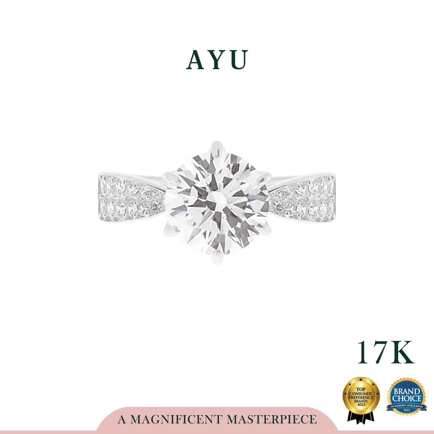 AYU Cincin Emas - Glam Gigi 6 Prong Pave Band Solitaire 17K White Gold