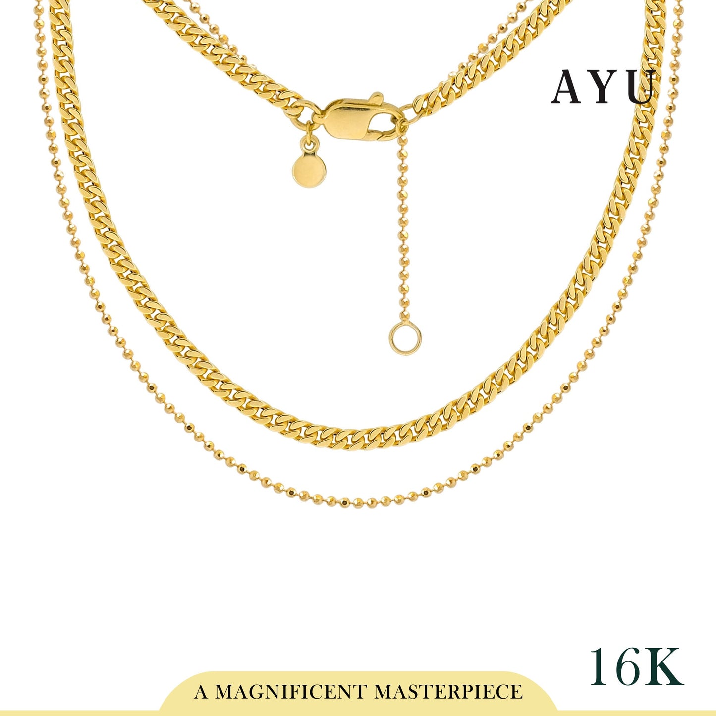 AYU Double Layer Cuban And Mini Peper Chain Necklace 16K Yellow Gold