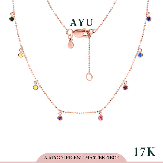 AYU Kalung Emas-Multi Mini Bezel Chain Rainbow Necklace 17k Rose Gold