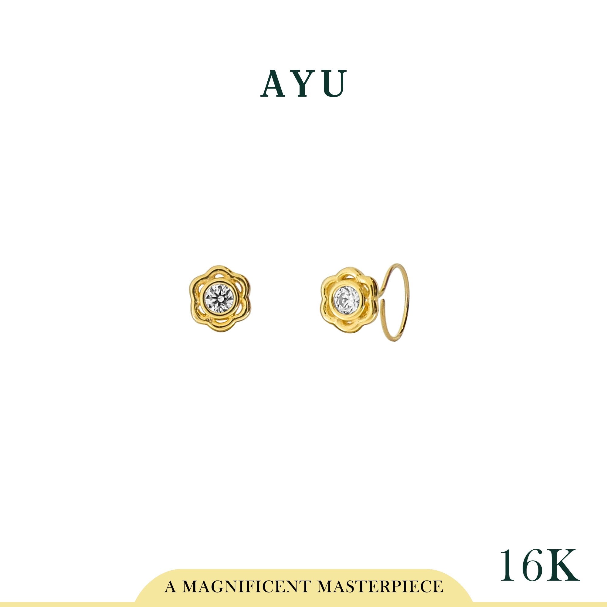 AYU Anting Emas Toge - Flower Bezel Round Loop 16K Yellow Gold