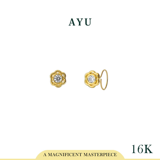 AYU Anting Emas Toge - Flower Bezel Round Loop 16K Yellow Gold