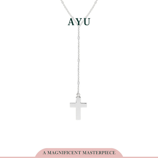 AYU Gold Cross Lariat With Bling Beads Chain Necklace 17K White Gold