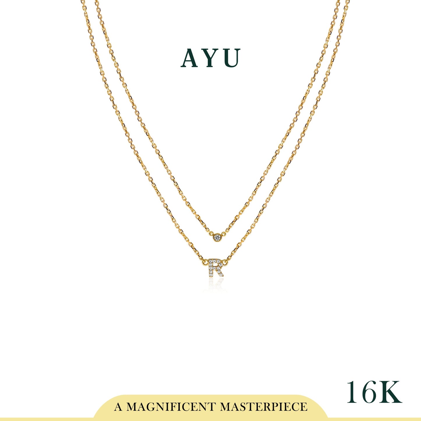 AYU PAVE INITIAL DOUBLE LAYER WITH BEZEL CHAIN NECKLACE 16K YELLOW GOLD