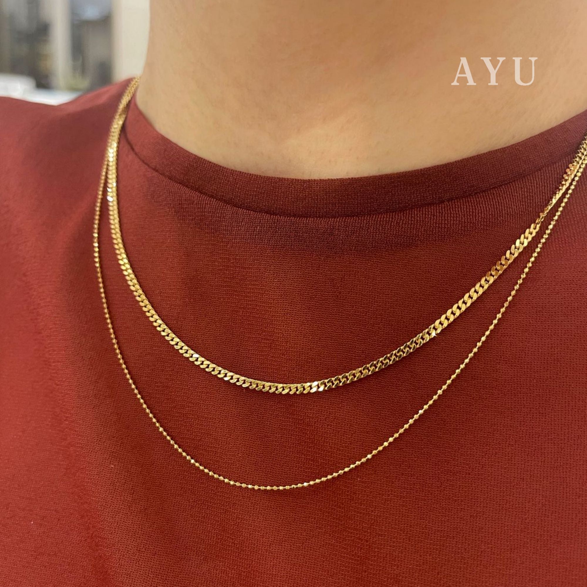 AYU Kalung Emas - Double Layer Cuban And Mini Peper Chain Necklace 16K Yellow Gold