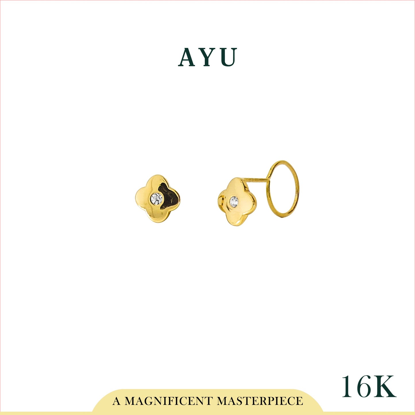 AYU Clover Single Round Stone Round Loop 16K Yellow Gold