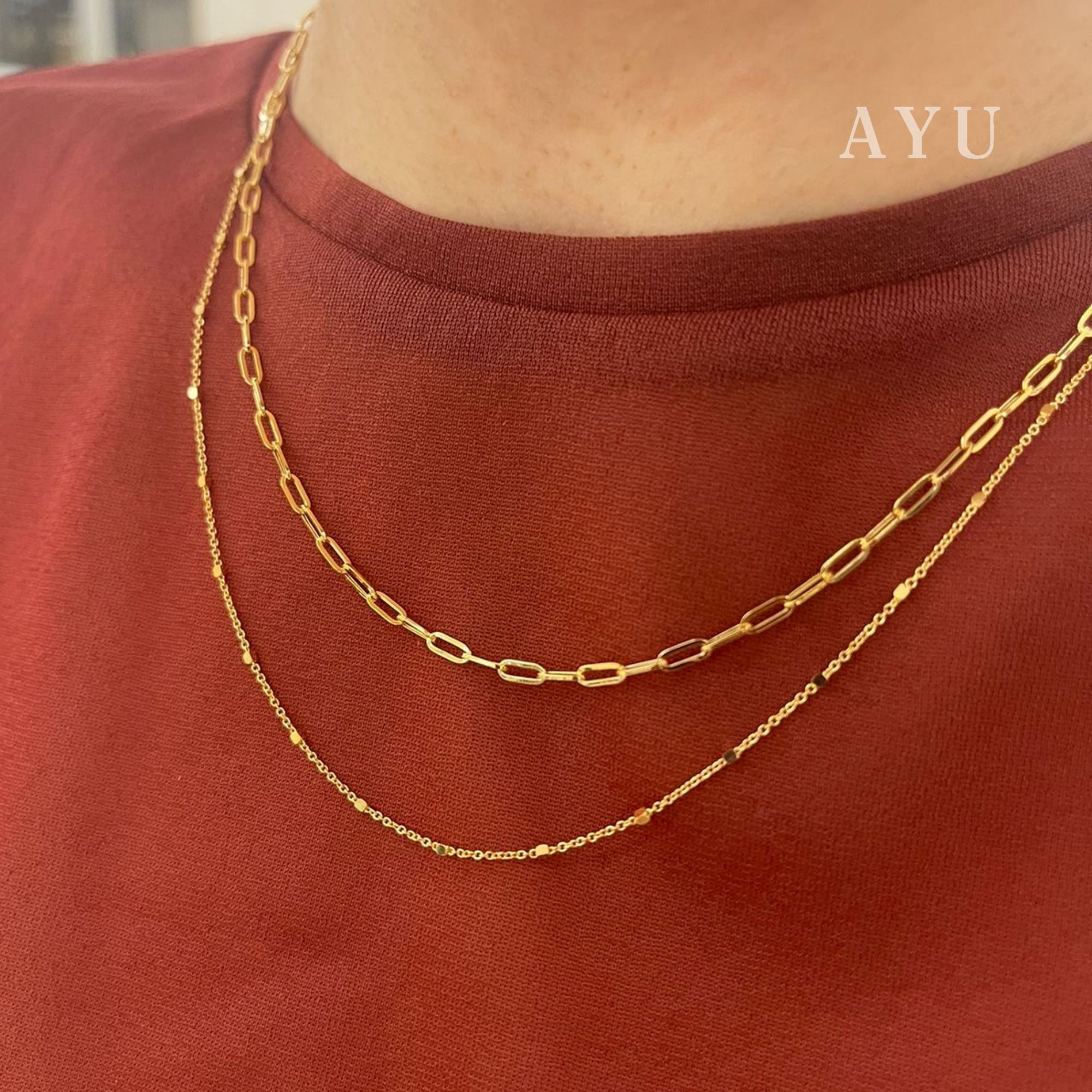 AYU Kalung Emas - Double Layer Paper Clip And Bling Beads Necklace 16k Yellow Gold