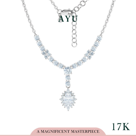 AYU Kalung Emas-Oval Grecian Starburst Solitaire Half Eternity Necklace 17k White Gold