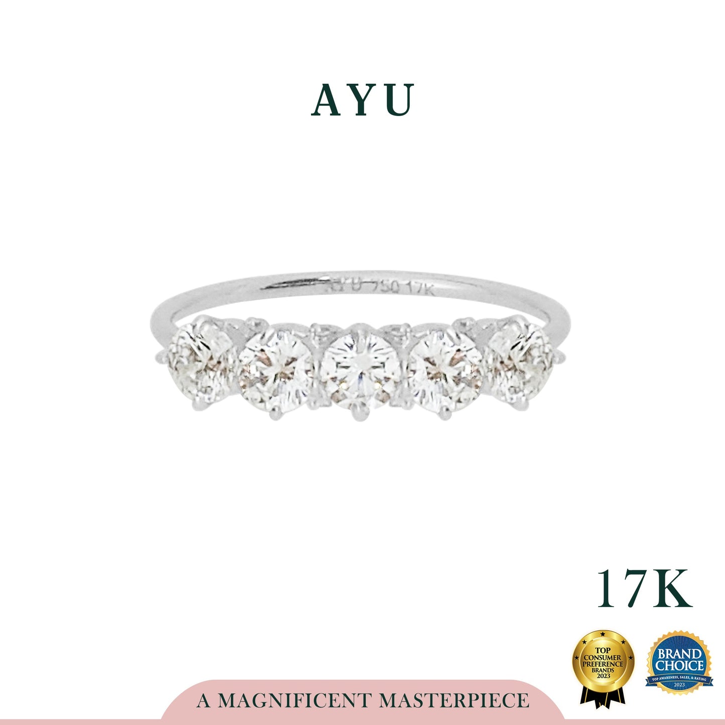 AYU Cincin Emas - 5 Claw Stones With Thin Ring 17k White Gold