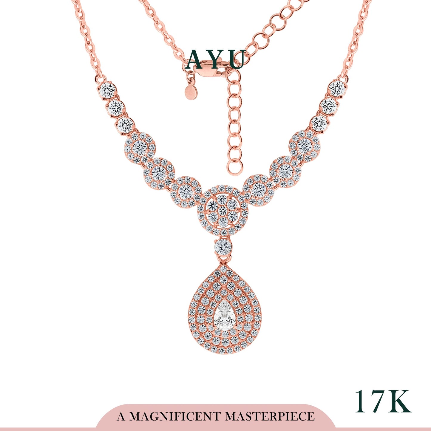 AYU Kalung Emas - Half Eternity Necklace With Triple Halo Teardrop 17k Rose Gold