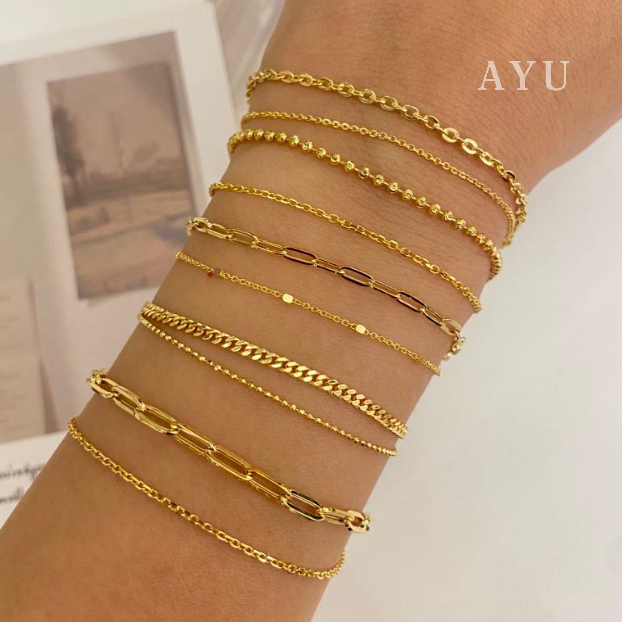 AYU Gelang Emas - Double Layer Paper Clip And Bling Beads Bracelet 16k Yellow Gold