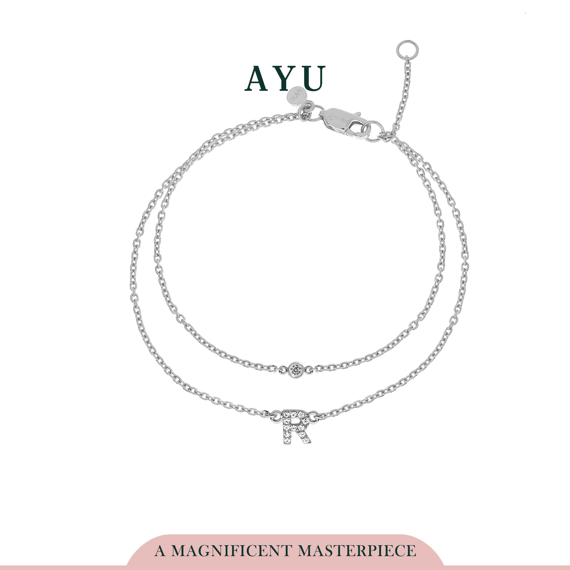 AYU Pave Initial Double Layer With Bezel Chain Bracelet 17k White Gold