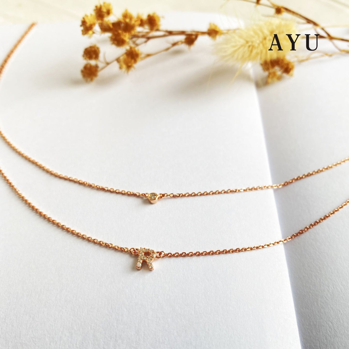 AYU PAVE INITIAL DOUBLE LAYER WITH BEZEL CHAIN NECKLACE 16K YELLOW GOLD
